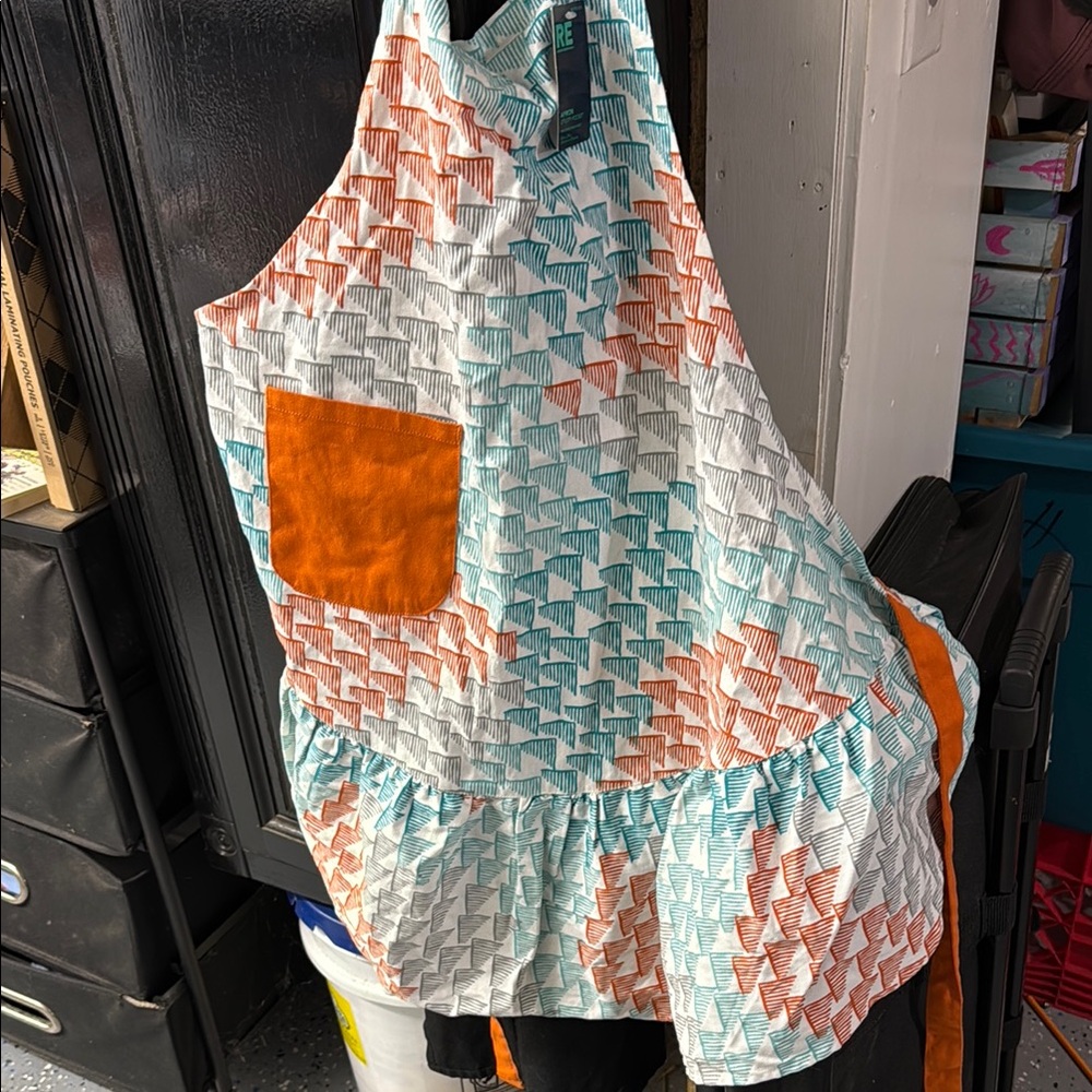 Anthropologie Geometric Apron with Orange Pocket